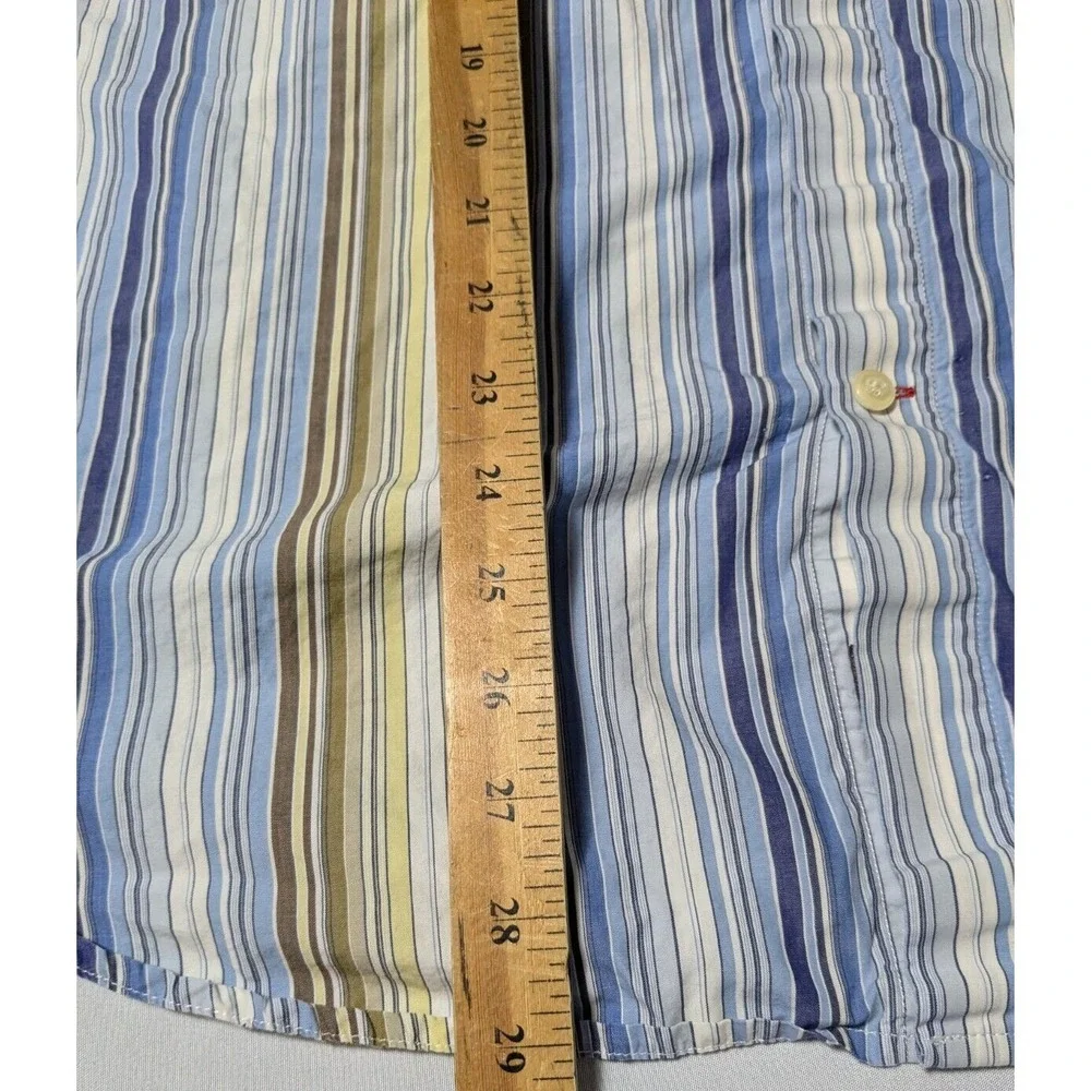 GUESS Covered-Placket Men XL‎ Blue Brown Yellow Striped Cotton Button Shirt